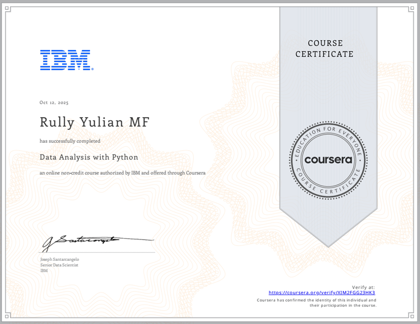 Get Certified in Data Analysis with Python from IBM provided by Coursera