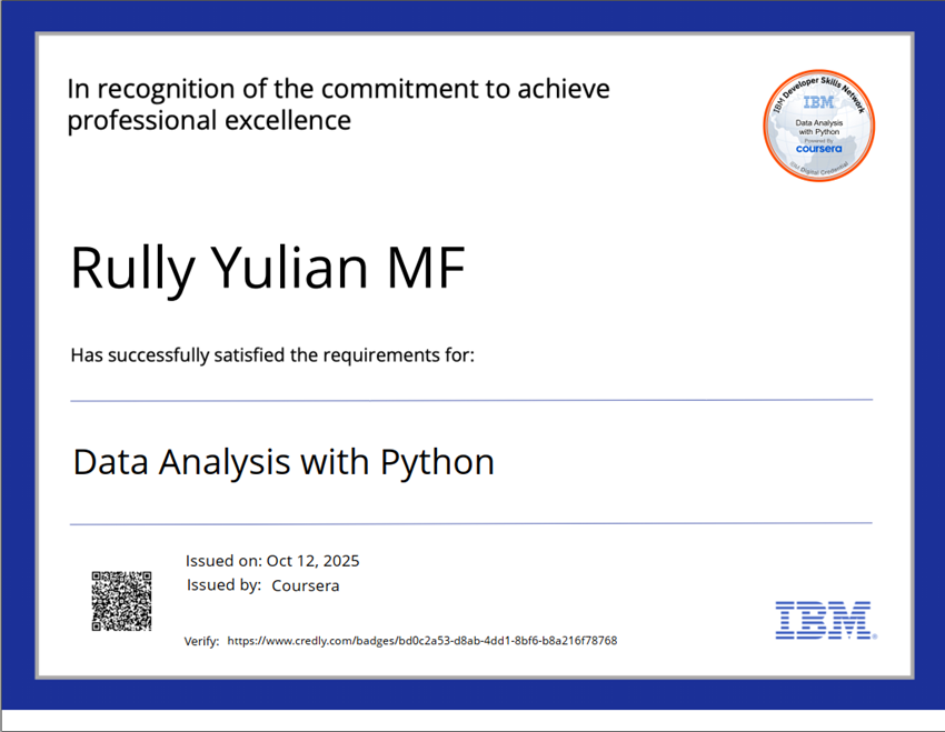 Get Certified in Data Analysis with Python from IBM provided by Coursera