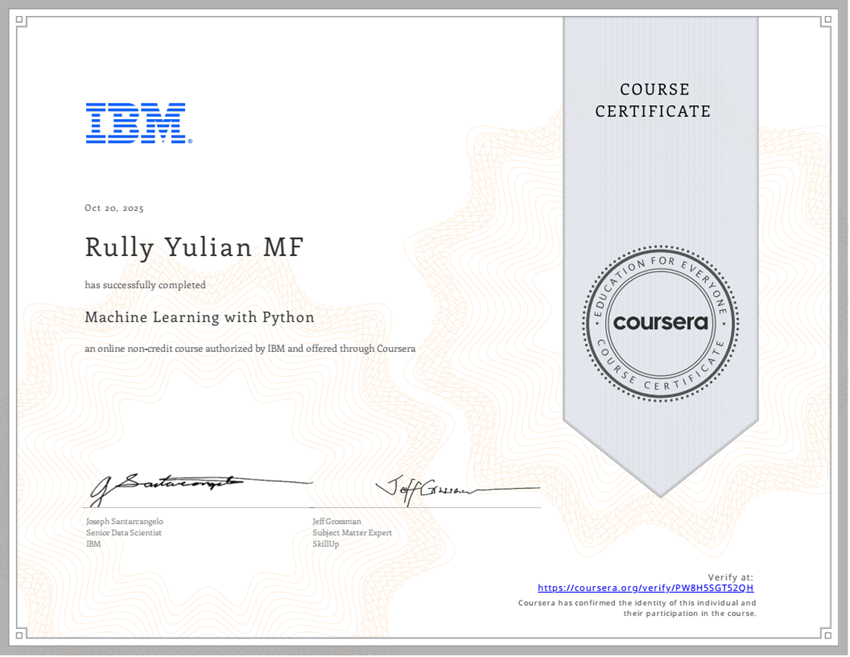 Certified in Machine Learning with Python from IBM provided by Coursera