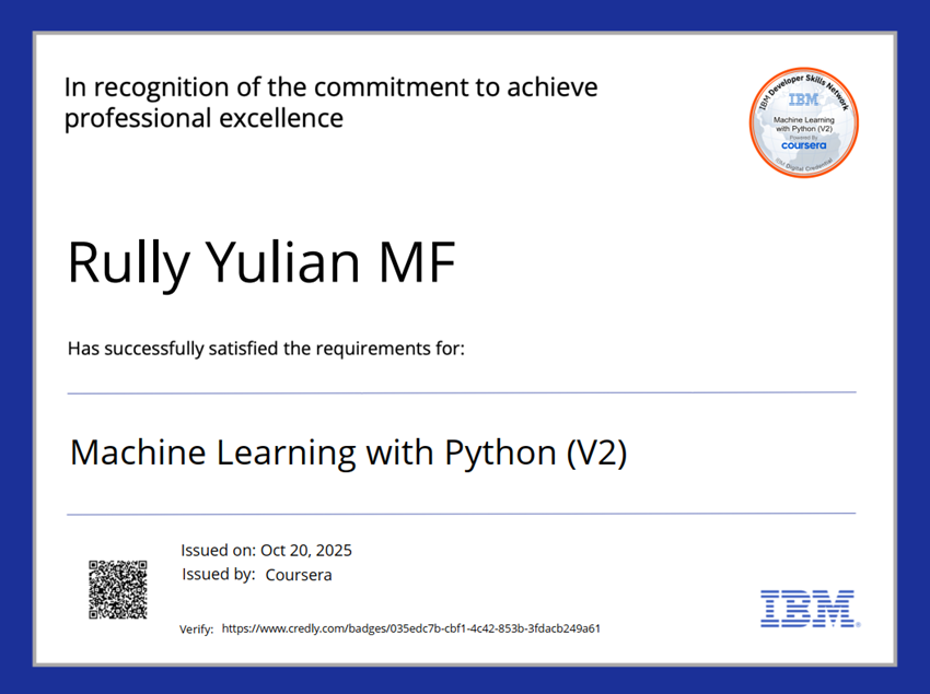 Certified in Machine Learning with Python from IBM provided by Coursera