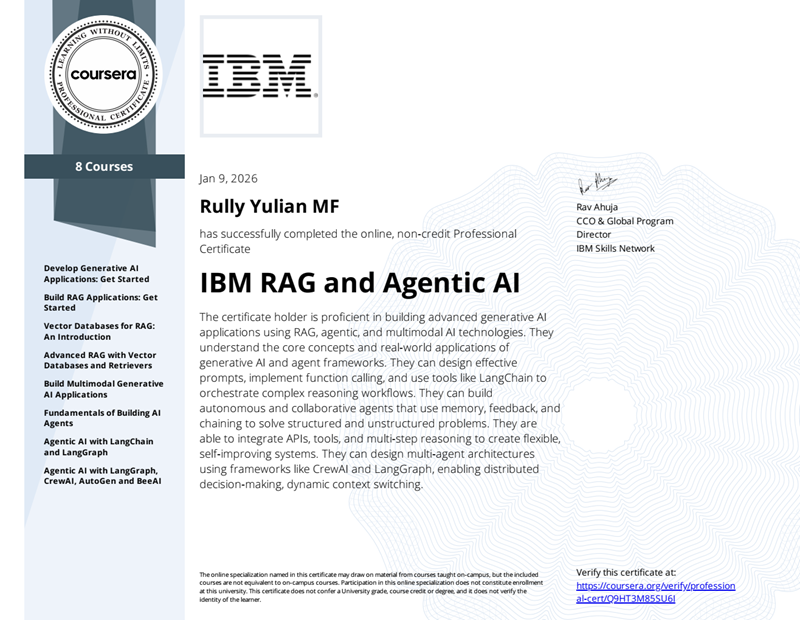 Certified in IBM RAG and Agentic AI Professional-Rully Yulian MF